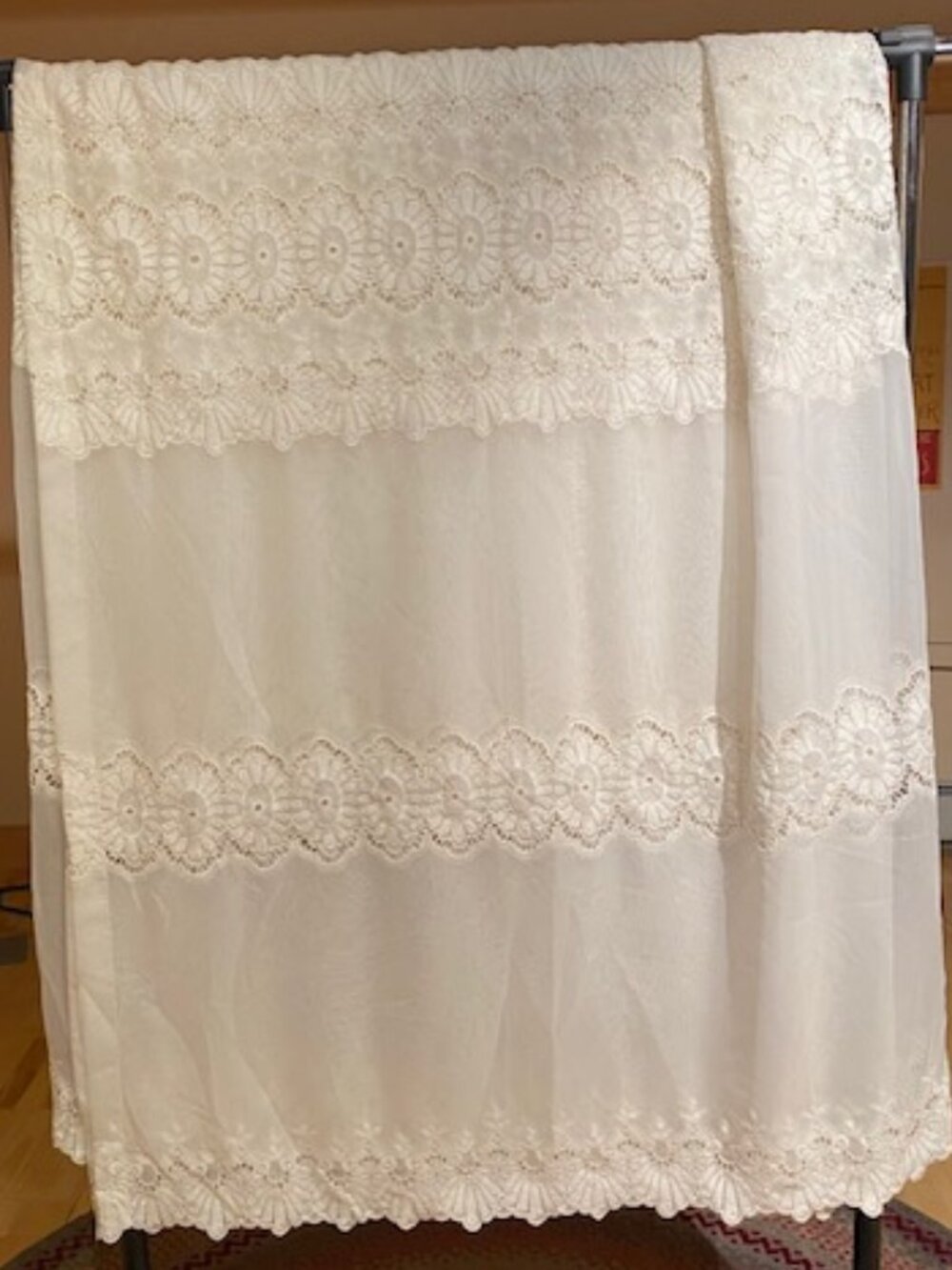 Vtg curtains  160"w & 80" long, 2 panels, ecru/lace inset, scalloped lace bottom